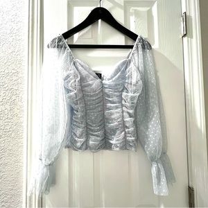 Icy Powder Blue Babydoll Ruched Polkadot Princess Longsleeve Blouse